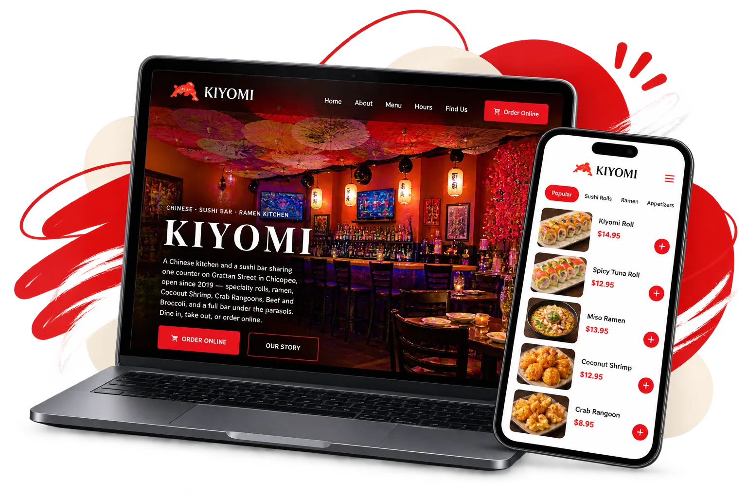 Kiyomi's own website on a laptop and its ordering page on a phone