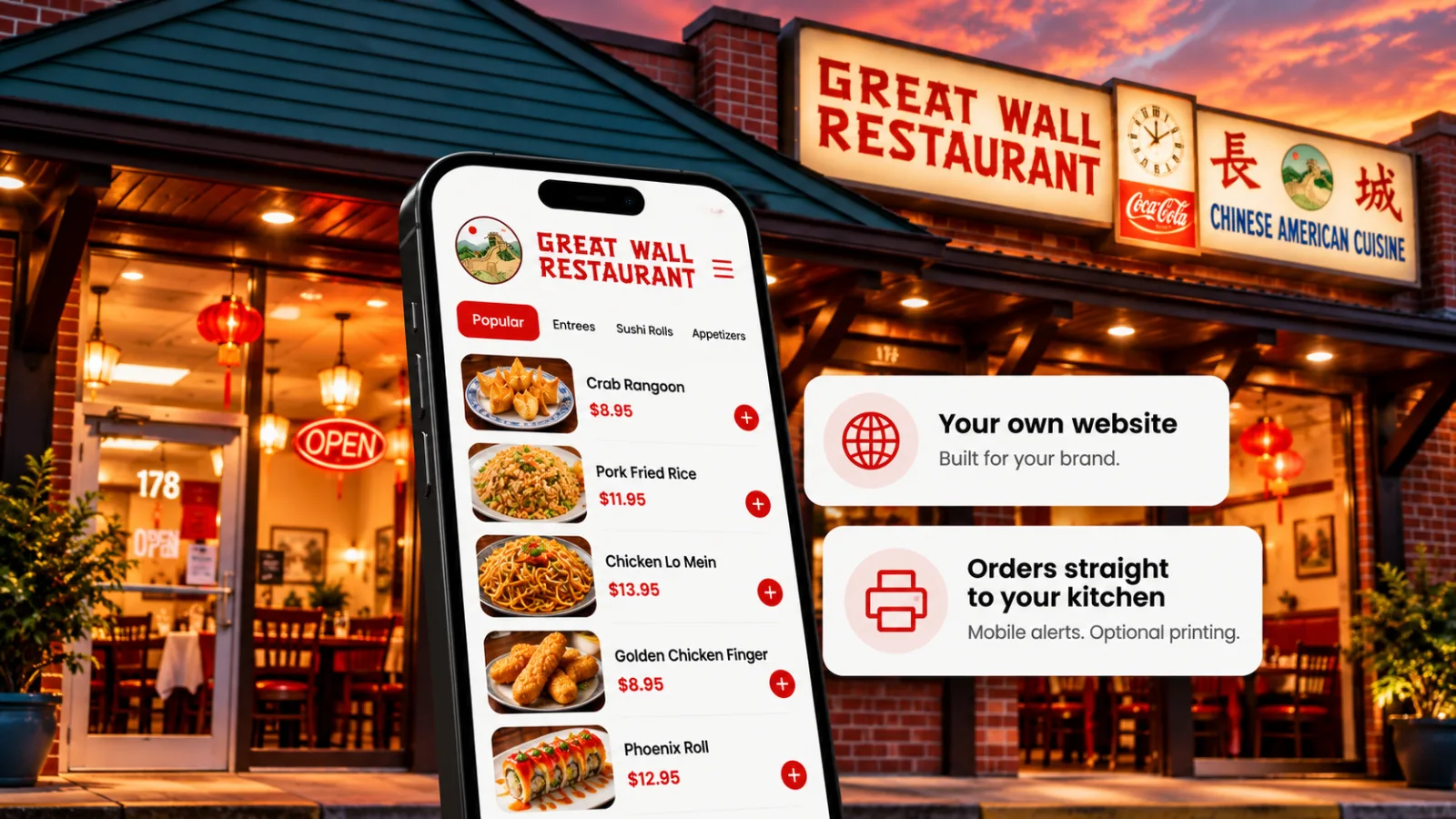 Great Wall Restaurant's own ordering website on a phone, in front of the restaurant at dusk
