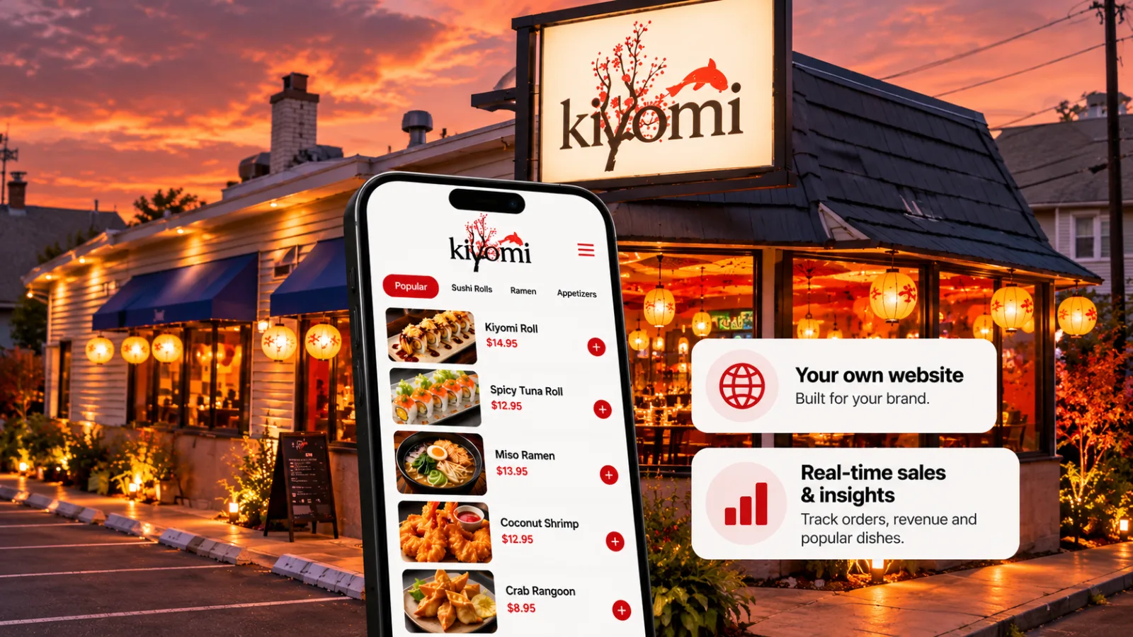 Kiyomi's own ordering website on a phone, in front of the restaurant at sunset