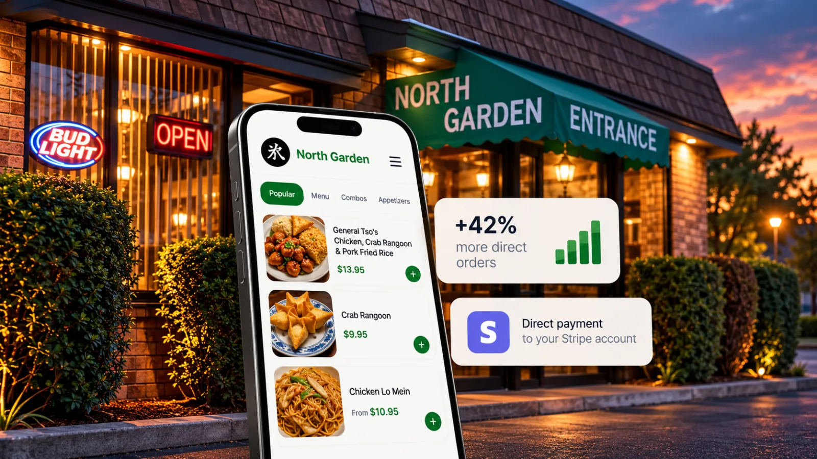 North Garden's own ordering website on a phone, in front of the restaurant at dusk