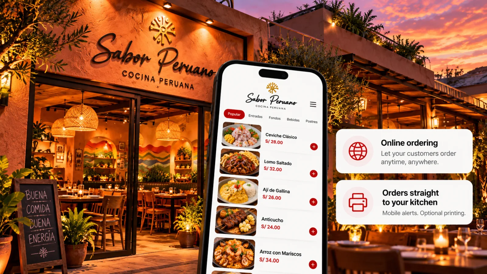 Sabor Peruano's own ordering website on a phone, in front of the restaurant at sunset